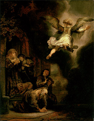 The Archangel Leaving the Family of Tobias, 1637 | Rembrandt | Gemälde Reproduktion