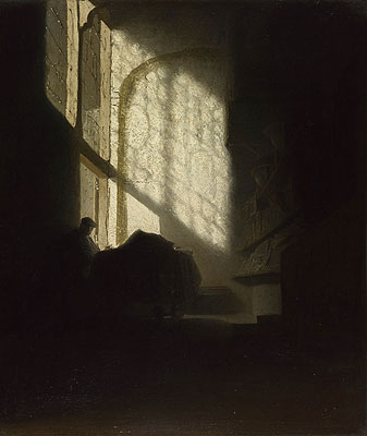 Ein Mann, der an einem Tisch in einem hohen Raum sitzt | Rembrandt | Gemälde Reproduktion