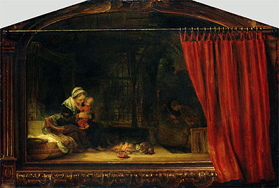 Heilige Familie mit Vorhang | Rembrandt | Gemälde Reproduktion