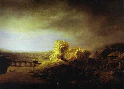 Landscape with a Long Arched Bridge, c.1635/40 | Rembrandt | Painting Reproduction