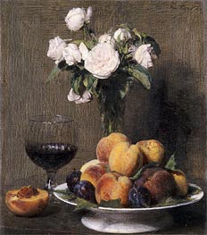 Still Life with Roses, Fruit and a Glass of Wine, 1872 by Fantin-Latour | Painting Reproduction
