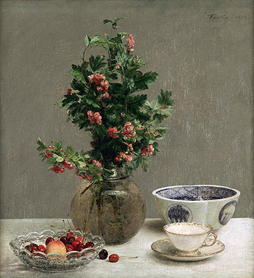 Stillleben mit Vase mit Weißdorn, Schüssel mit Kirschen, japanischer Schüssel und Tasse und Untertasse, 1872 | Fantin-Latour | Gemälde Reproduktion