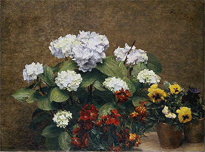 Hortensias and Stocks with Two Pots of Pansies, 1879 | Fantin-Latour | Gemälde Reproduktion