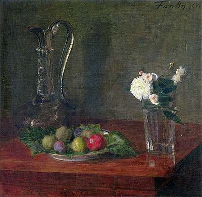 Still Life with Glass Jug, Fruit and Flowers, 1861 | Fantin-Latour | Painting Reproduction