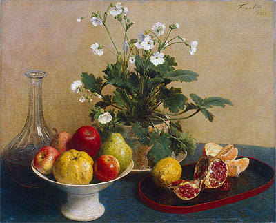 Flowers, Dish with Fruit and Carafe, 1865 | Fantin-Latour | Gemälde Reproduktion