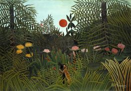 Urwaldlandschaft mit untergehender Sonne, 1910 von Henri Rousseau | Gemälde-Reproduktion