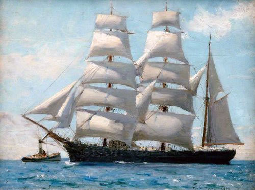 Barque in Full Sail Dropping Her Tug, 1888 | Tuke | Painting Reproduction