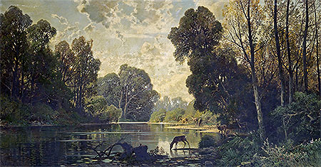Eine ruhige Waldszene mit Hirschen, die aus einem Teich trinken | Hermann David Salomon Corrodi | Gemälde Reproduktion