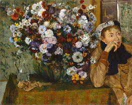 A Woman Seated beside a Vase of Flowers (Madame Paul Valpincon), 1865 by Degas | Painting Reproduction