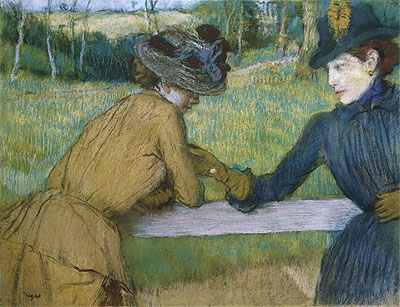 Zwei Frauen, die sich auf einen Zaun lehnen, n.d. von Edgar Degas | Gemälde-Reproduktion