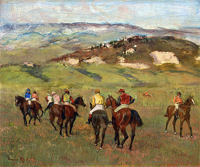 Jockeys on Horseback before Distant Hills | Edgar Degas | Painting Reproduction