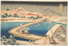 Alte Ansicht der Bootbrücke in Sano in der ..., 1820 von Hokusai | Gemälde-Reproduktion