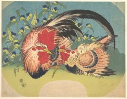 Hahn, Henne und Küken mit Dreimasterblume, 1830 von Hokusai | Gemälde-Reproduktion
