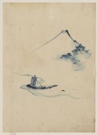 Eine Person in einem kleinen Boot auf einem Fluss ..., n.d von Hokusai | Gemälde-Reproduktion