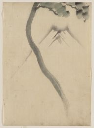 Ein Baumstamm mit Ast und Blättern im Vordergrund,..., n.d von Hokusai | Gemälde-Reproduktion