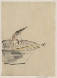 Ein Vogel, der am Rand einer Schale sitzt,..., n.d von Hokusai | Gemälde-Reproduktion