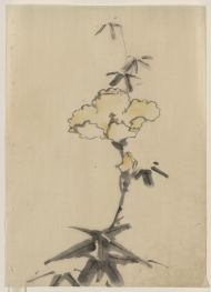 Gelbe Blüte mit Knospe auf einem Stängel über ..., n.d von Hokusai | Gemälde-Reproduktion