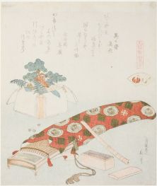 Koto und Neujahrsopfergabe, 1824 von Hokusai | Gemälde-Reproduktion