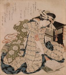 Junge Frau, das Kopfkissenbuch lesend, 1822 von Hokusai | Gemälde-Reproduktion