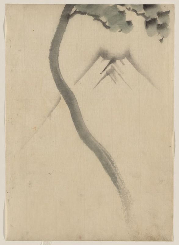 A tree trunk with branch and leaves in the foreground,..., n.d | Hokusai