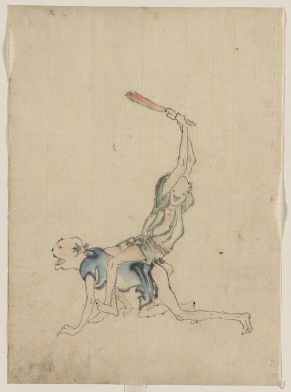 Man sitting on theback of another man and beating him, n.d | Hokusai