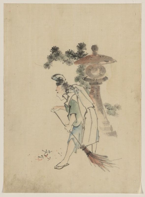 A man sweeping pine needles that have fallen from a tree..., n.d | Hokusai