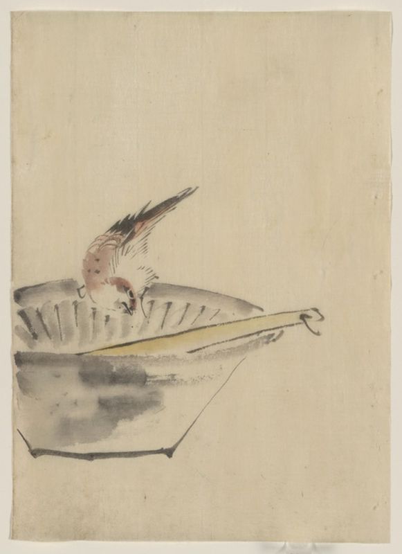 A bird perched on the edge of a bowl,..., n.d | Hokusai