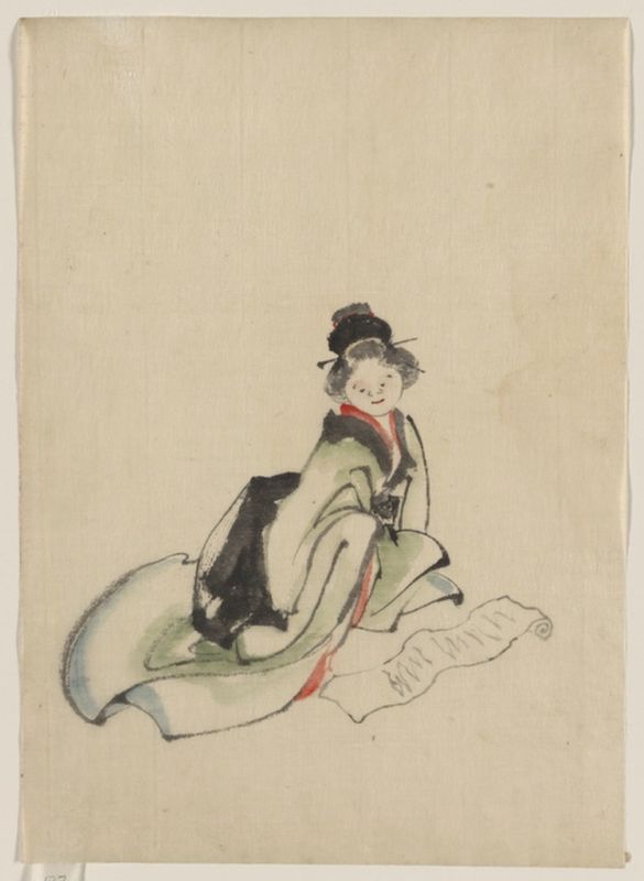 A woman seated, facing front, reading a scroll spread out in front of her, n.d | Hokusai