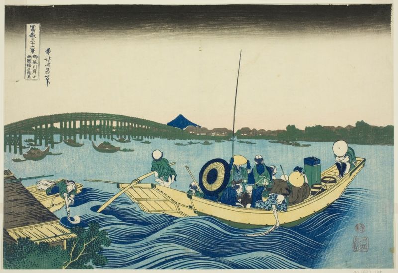 Hokusai | Viewing Sunset over the Ryogoku Bridge from the Onmaya Embankment, 1831 Viewing Sunset over the Ryogoku Bridge from the Onmaya Embankment, 1831 | Hokusai