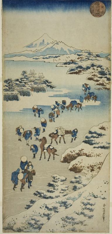 Hokusai | Crossing the Frozen Suwa Lake in Shinano Province, 1833 Crossing the Frozen Suwa Lake in Shinano Province, 1833 | Hokusai