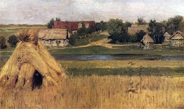 Stacks and Village behind the River, c.1880/83 by Isaac Levitan | Painting Reproduction