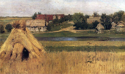 Stapel und Dorf hinter dem Fluss | Isaac Levitan | Gemälde Reproduktion