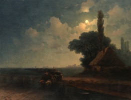 An Oxwagon Traversing a Ford on a Moonlit Evening | Aivazovsky | Painting Reproduction