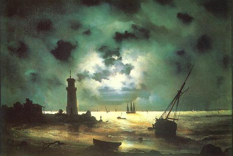Meeresküste bei Nacht. Bei einem Leuchtturm, 1837 von Aivazovsky | Gemälde-Reproduktion