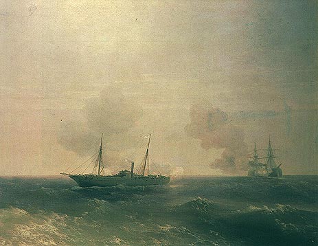 Action Between Vesta & Turkish Battleship in Sea, 1877 | Aivazovsky | Painting Reproduction