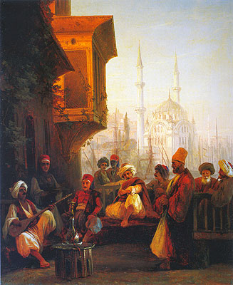 Kaffeehaus bei der Ortakoy-Moschee in Konstantinopel, 1846 von Aivazovsky | Gemälde-Reproduktion