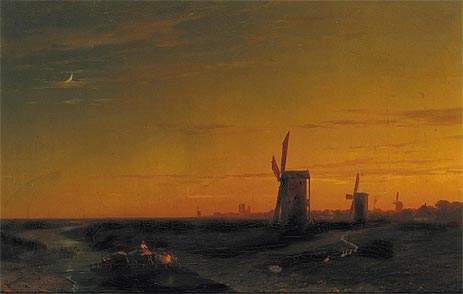 Landscape with Windmills, 1860 | Aivazovsky | Painting Reproduction