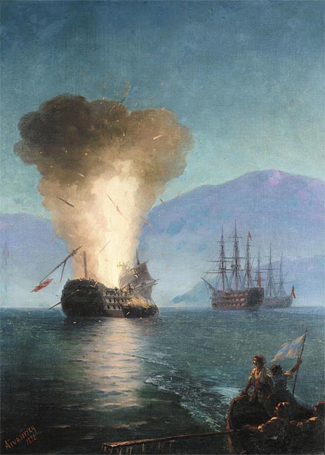 The Firing of the Turkish Fleet by Kanaris in 1822, 1892 | Aivazovsky | Painting Reproduction