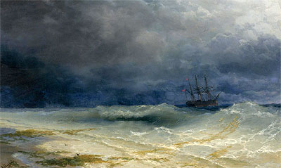 Ship in a Stormy Sea off the Coast, 1895 | Aivazovsky | Painting Reproduction