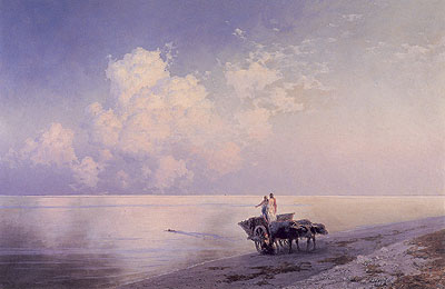 An Ox-drawn Cart by a Tranquil Sea and a Swimmer Beyond, 1886 | Aivazovsky | Painting Reproduction