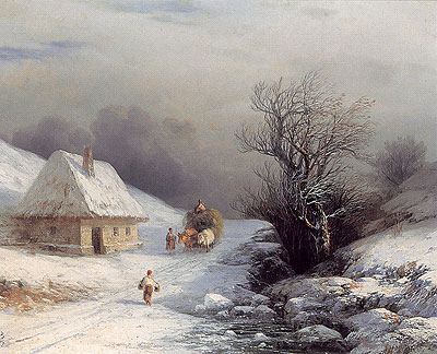 Little-Russian Ox Cart in Winter, 1866 | Aivazovsky | Painting Reproduction