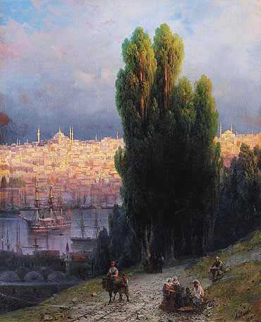 Constantinople, View of the Golden Horn with a Self-Portrait of the Artist Sketching, 1880 | Aivazovsky | Painting Reproduction
