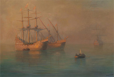 Die Ankunft von Kolumbus' Flottille, 1880 von Aivazovsky | Gemälde-Reproduktion