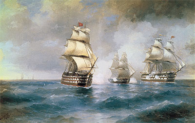 Gefecht der Brigg Merkur mit zwei türkischen ..., 1892 von Aivazovsky | Gemälde-Reproduktion