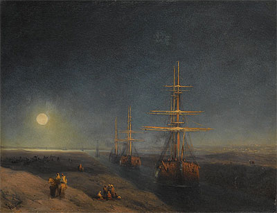 Ships Passing through a Canal in Moonlight, 1876 | Aivazovsky | Painting Reproduction
