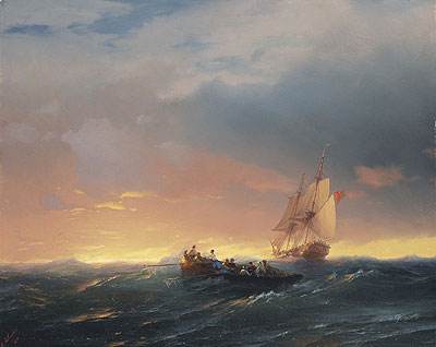 Schiffe in einer Dünung bei Sonnenuntergang, 1850 von Aivazovsky | Gemälde-Reproduktion