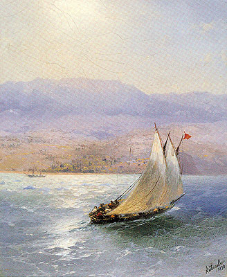 Sailing Barge in Crimea with the Alipka Palace in the Distance, 1890 | Aivazovsky | Gemälde Reproduktion