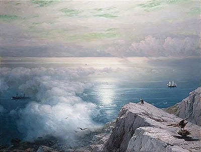 A Rocky Coastal Landscape in the Aegean with Ships in the Distance, 1884 | Aivazovsky | Gemälde Reproduktion