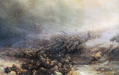Stampede of Sheep into Icy Water, 1884 | Aivazovsky | Gemälde Reproduktion