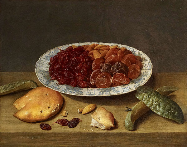 Stillleben mit Rosinen, Aprikosen und Pflaumen in Porzellanschale, 1620s | Jacob van Hulsdonck | Gemälde Reproduktion